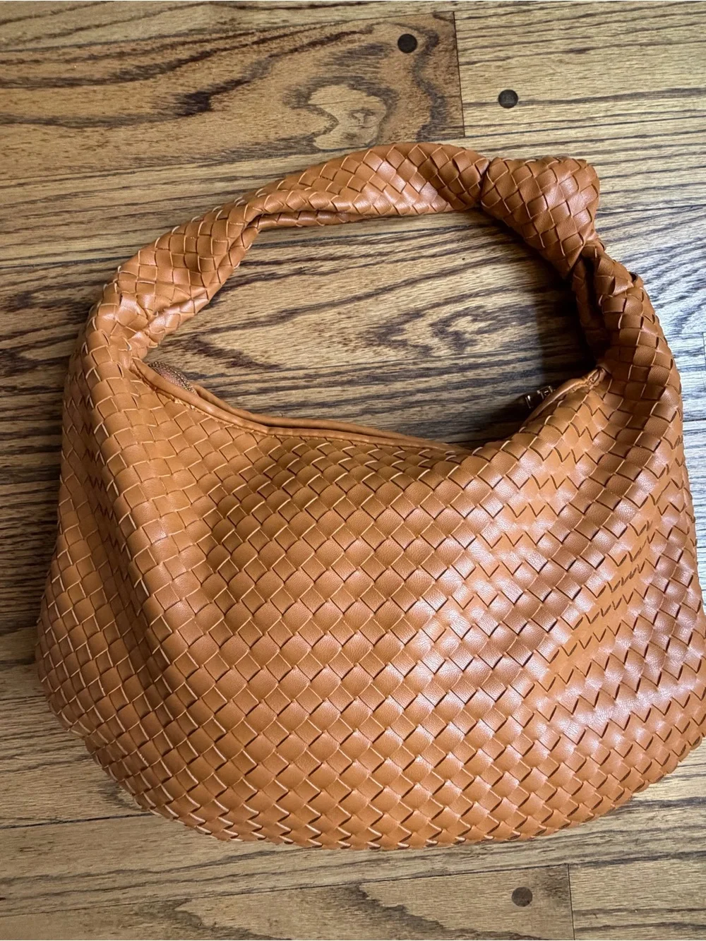 Melie Bianco Hobo Bag Vegan Leather Woven Purse Zipper - Caramel Tan
